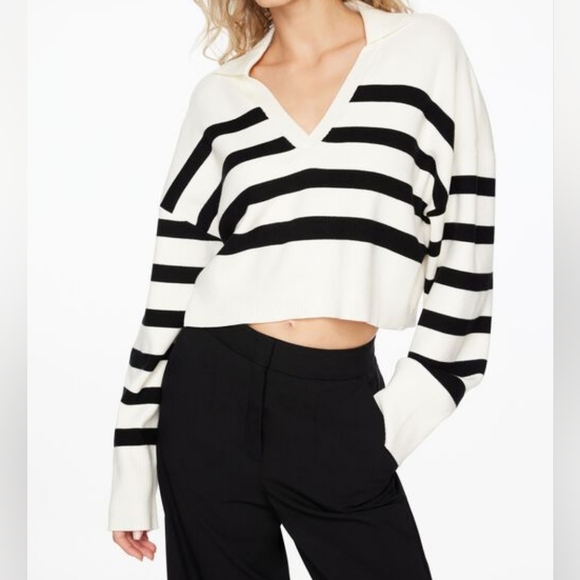 Dynamite Black and White Striped V-Neck Polo Sweater - Picture 3 of 5